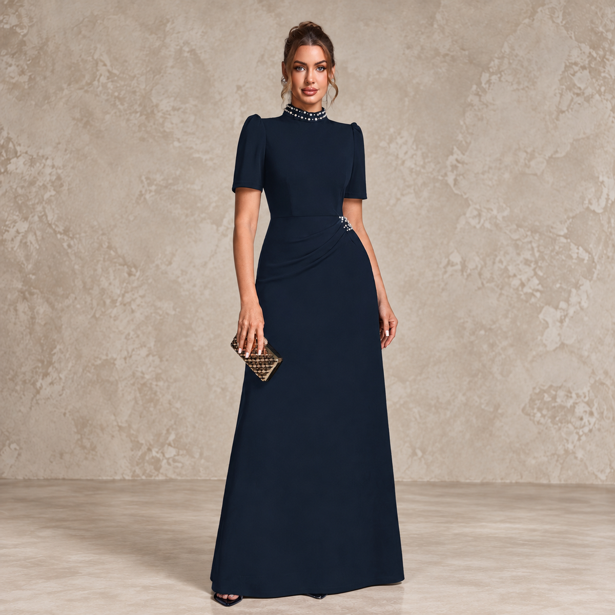 MARCIANA | Vestido Largo de Fiesta con Cuello Joya y Manga Corta