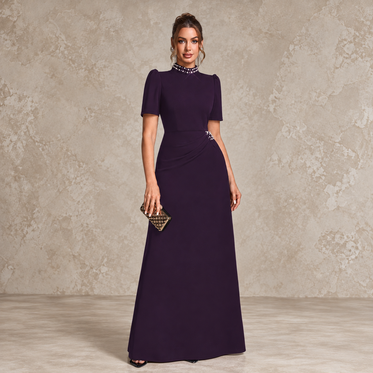 MARCIANA | Vestido Largo de Fiesta con Cuello Joya y Manga Corta