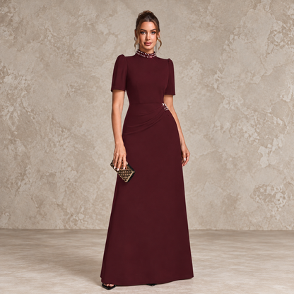 MARCIANA | Vestido Largo de Fiesta con Cuello Joya y Manga Corta