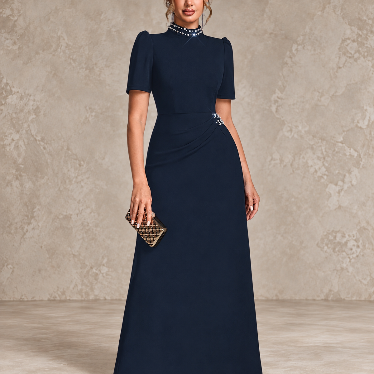 MARCIANA | Vestido Largo de Fiesta con Cuello Joya y Manga Corta