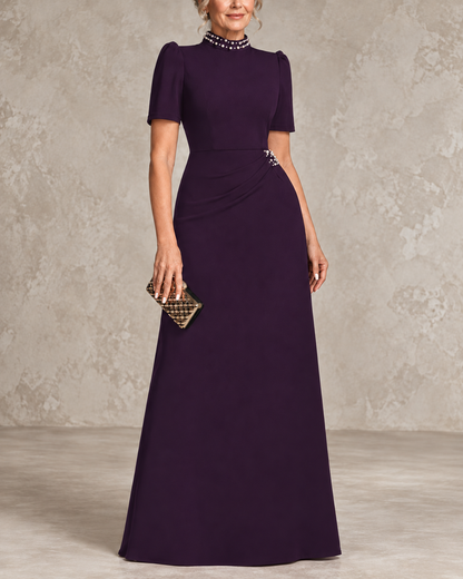 MARCIANA | Vestido Largo de Fiesta con Cuello Joya y Manga Corta