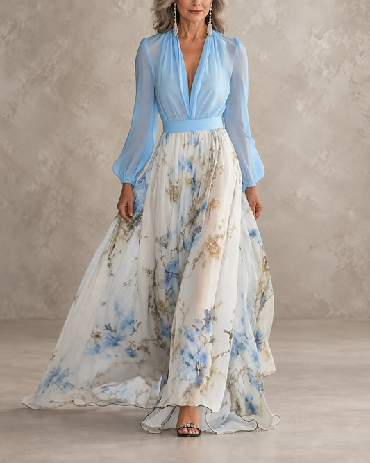 CIPRIANA | Vestido Largo de Gasa con Escote en V y Falda de Flores