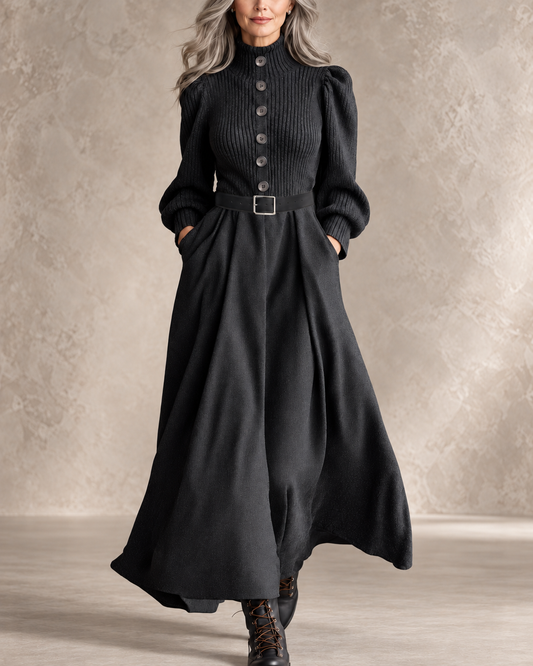 EVARISTA | Vestido Largo Vintage con Botones y Bolsillos