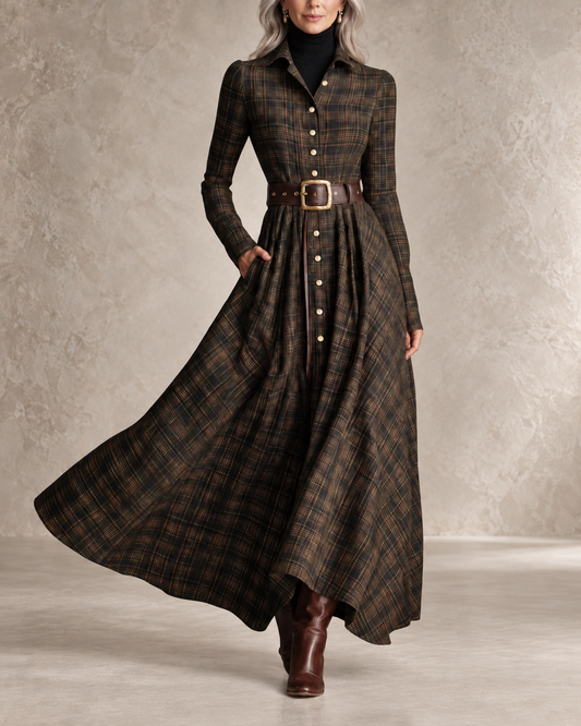 CASIMIRA | Vestido Largo de Cuadros con Botones y Cinturón