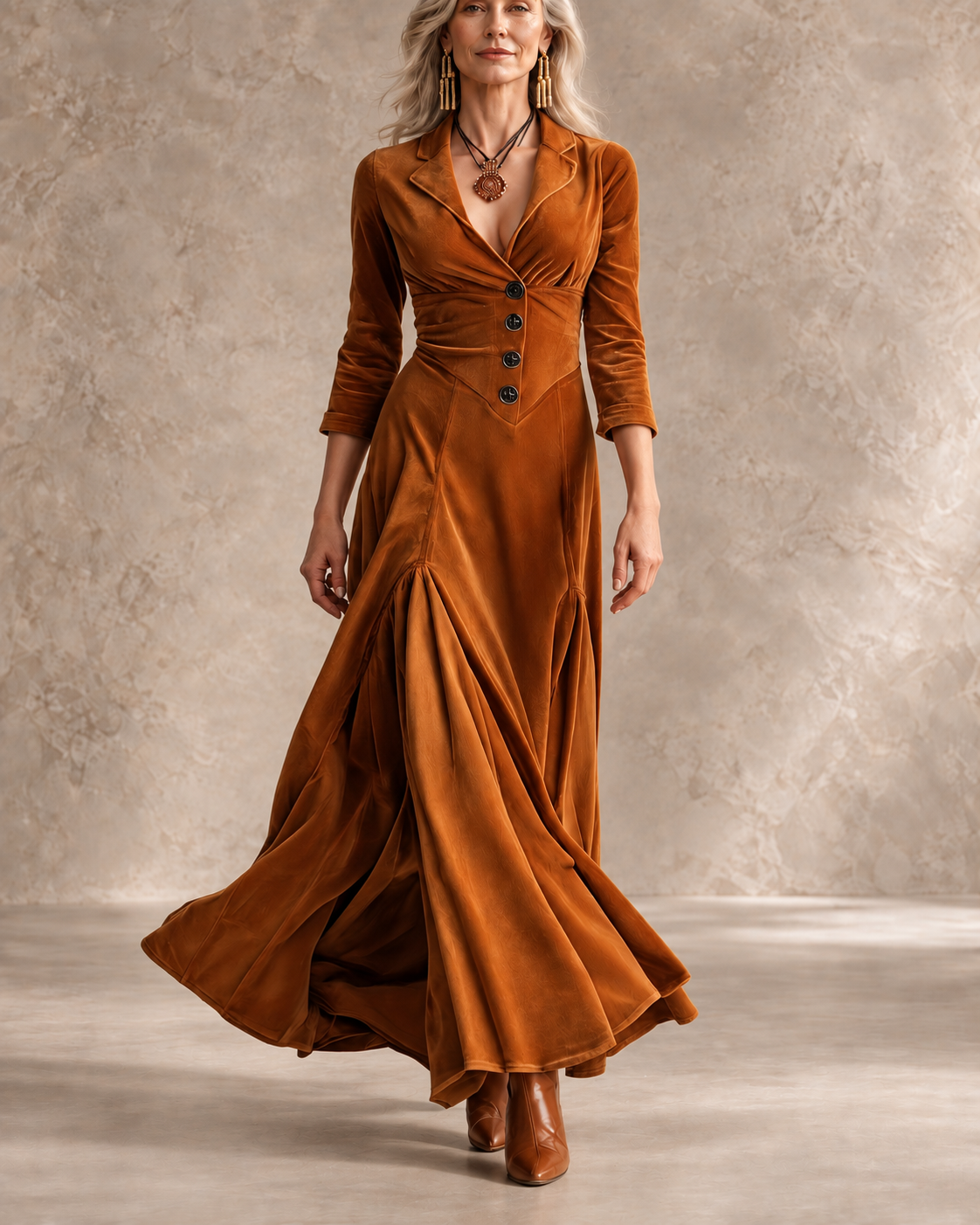 PERPETUA | Vestido Largo con Cuello Solapa, Botones y Manga 7/8