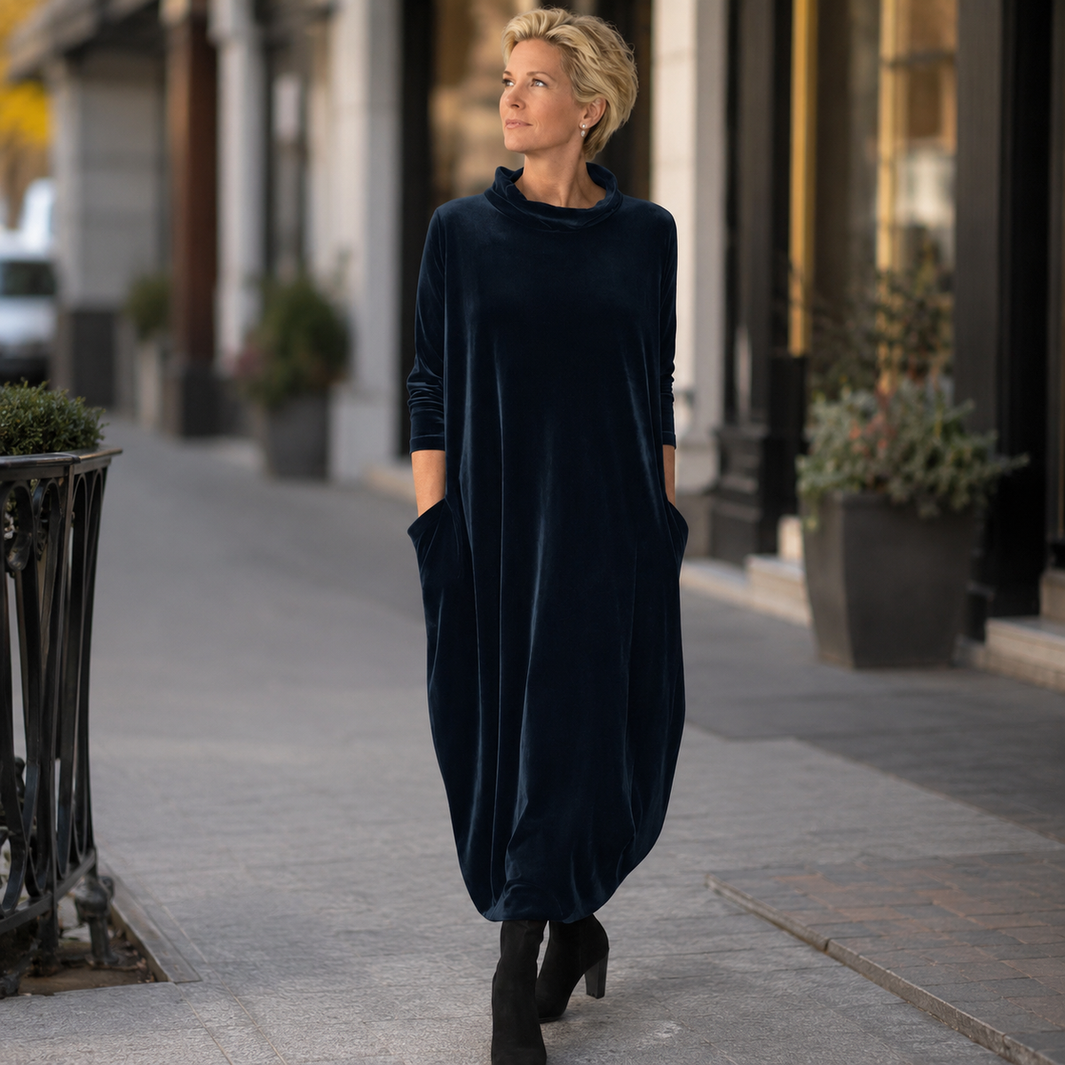 ADELAIDA | Vestido Largo de Terciopelo con Cuello Alto y Silueta Capullo