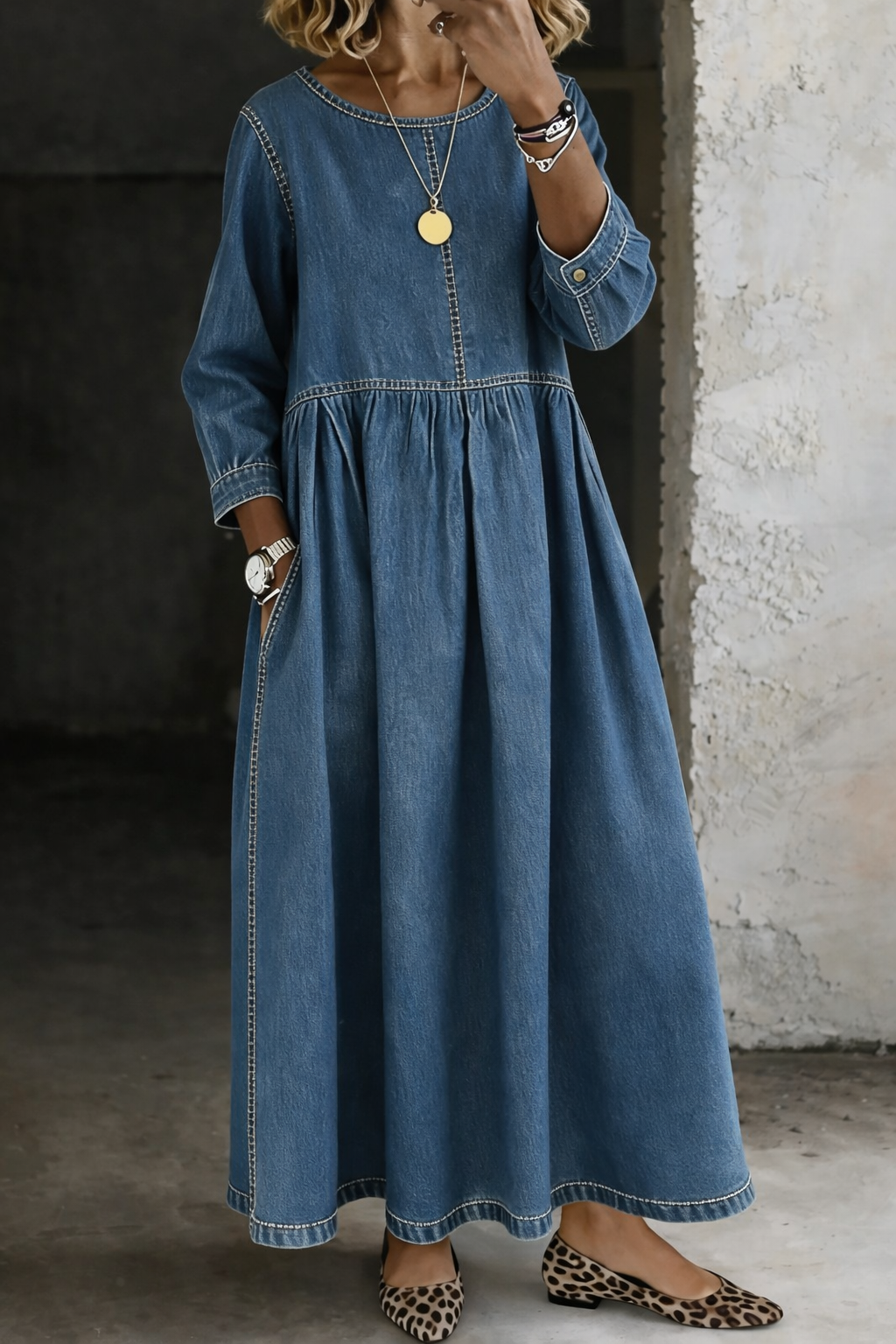ALEJANDRA | Vestido Largo Vaquero con Cintura Fruncida y Bolsillos