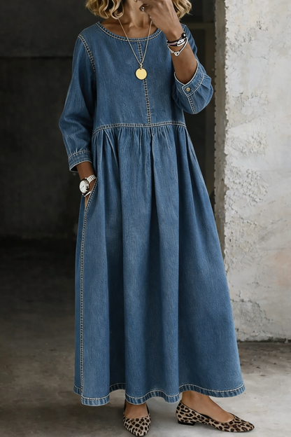 ALEJANDRA | Vestido Largo Vaquero con Cintura Fruncida y Bolsillos