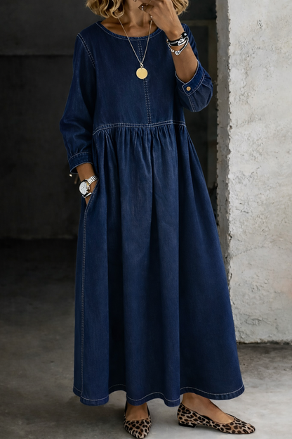 ALEJANDRA | Vestido Largo Vaquero con Cintura Fruncida y Bolsillos