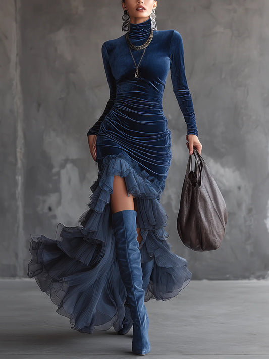 ANDREINA | Vestido Largo de Terciopelo Azul Noche Drapeado con Volantes de Tul