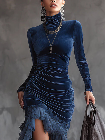 ANDREINA | Vestido Largo de Terciopelo Azul Noche Drapeado con Volantes de Tul