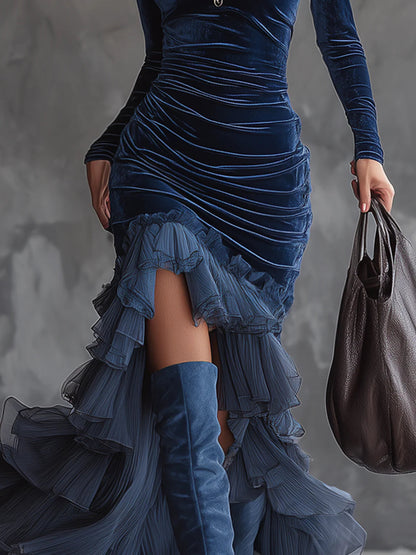 ANDREINA | Vestido Largo de Terciopelo Azul Noche Drapeado con Volantes de Tul