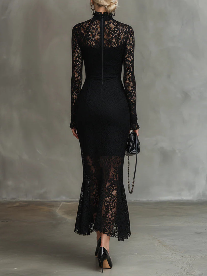 CONSTANZA | Vestido Largo de Encaje Elástico Negro con Bajo Sirena