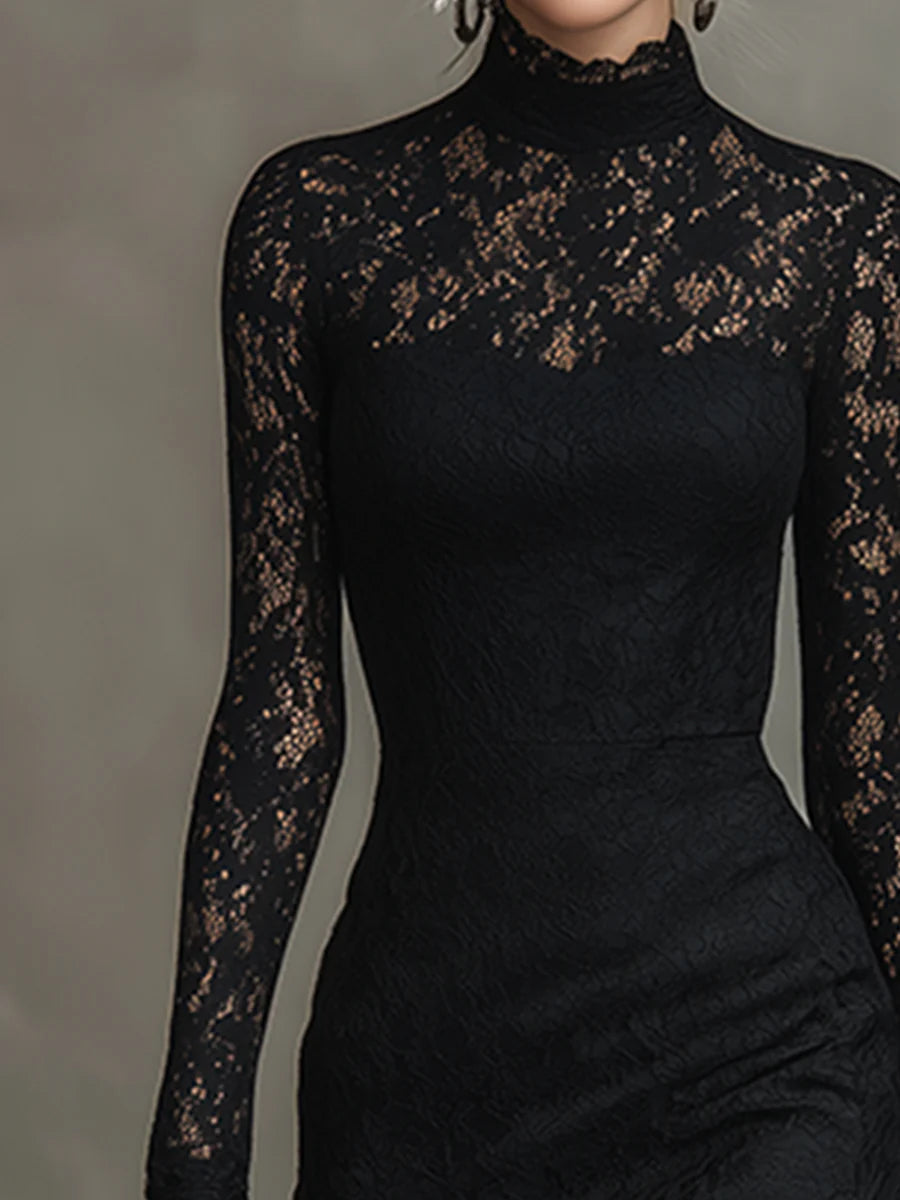 CONSTANZA | Vestido Largo de Encaje Elástico Negro con Bajo Sirena