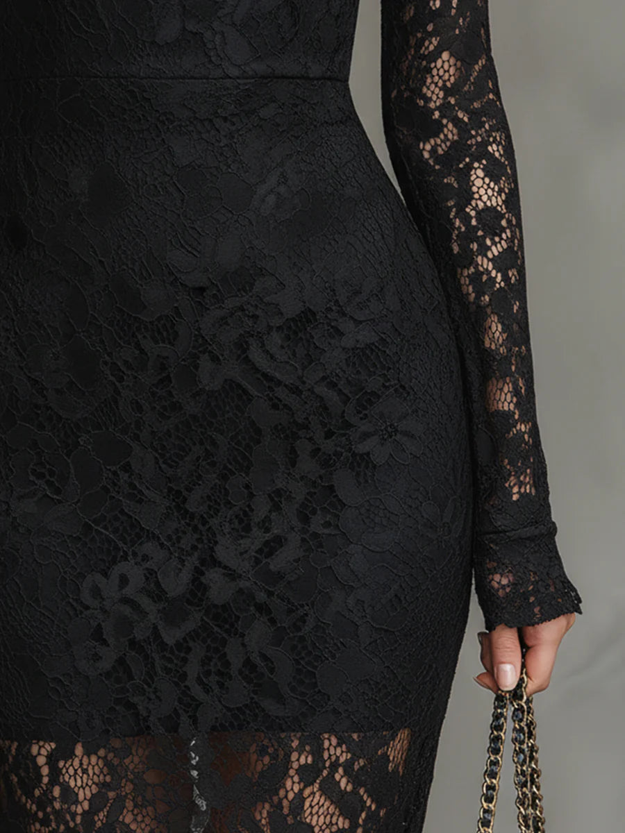 CONSTANZA | Vestido Largo de Encaje Elástico Negro con Bajo Sirena