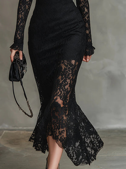 CONSTANZA | Vestido Largo de Encaje Elástico Negro con Bajo Sirena