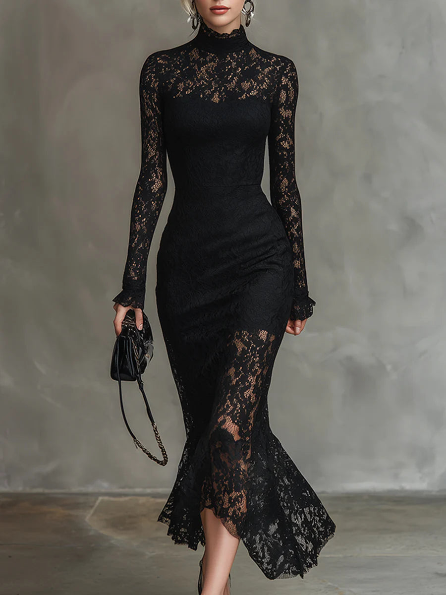 CONSTANZA | Vestido Largo de Encaje Elástico Negro con Bajo Sirena