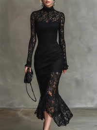 CONSTANZA | Vestido Largo de Encaje Elástico Negro con Bajo Sirena