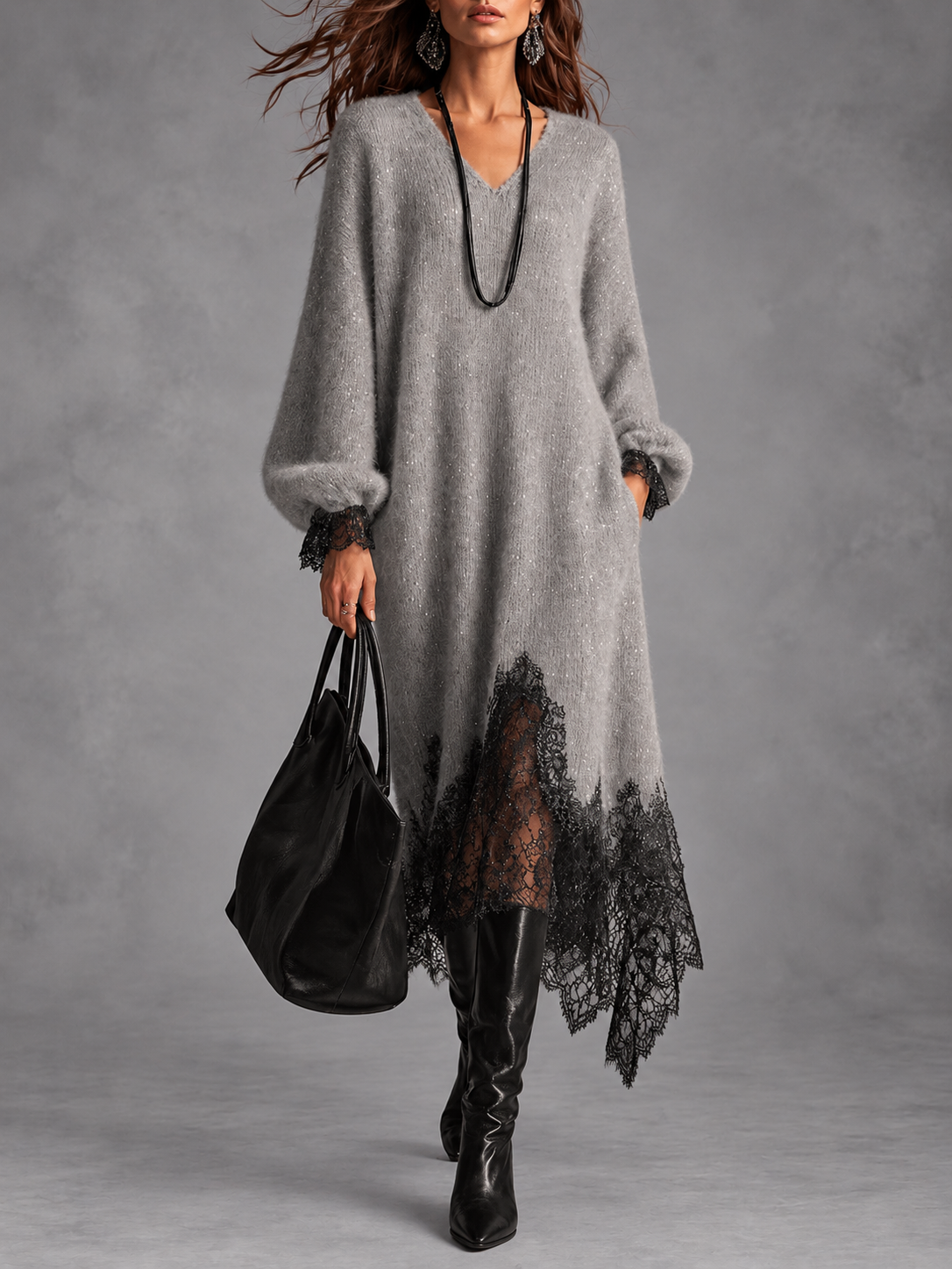 MIRALDA | Vestido de Punto Gris con Bajo Asimétrico de Encaje