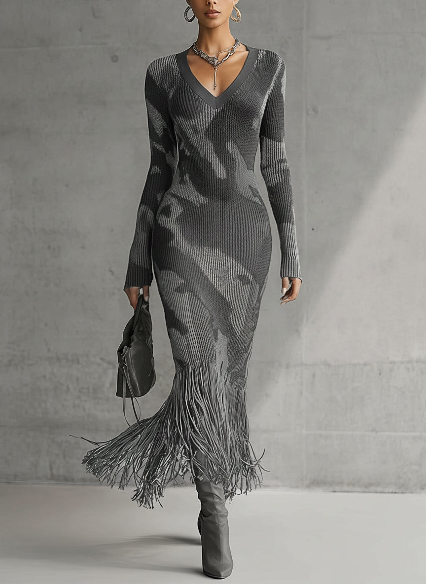ARABELA | Vestido Largo de Punto de Canalé de Camuflaje con Flecos