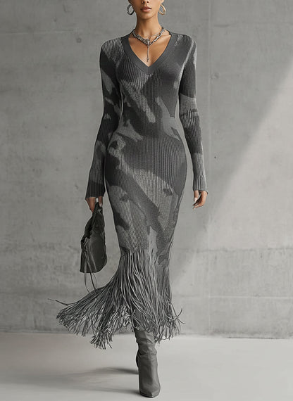 ARABELA | Vestido Largo de Punto de Canalé de Camuflaje con Flecos