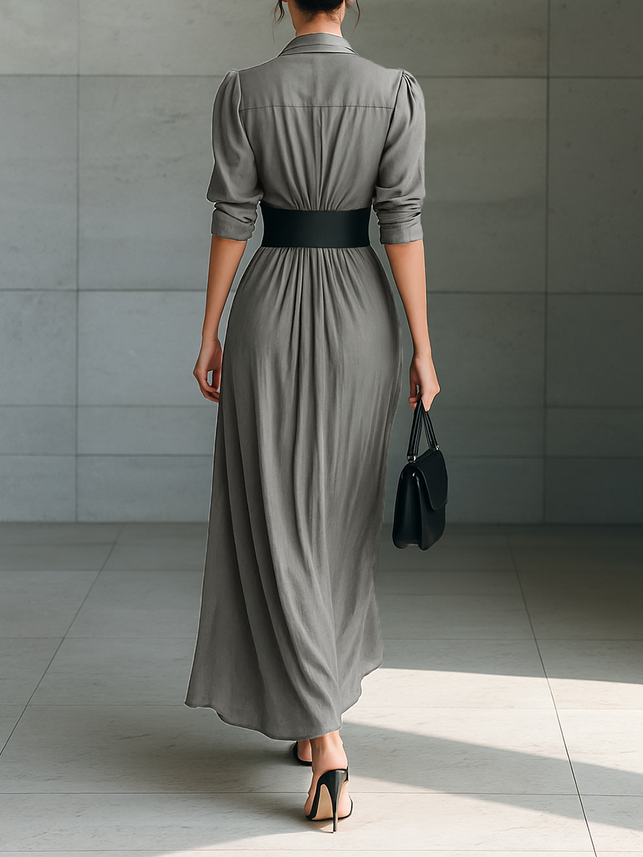 EMILIANA | Vestido Largo de Pliegues con Cuello de Solapa