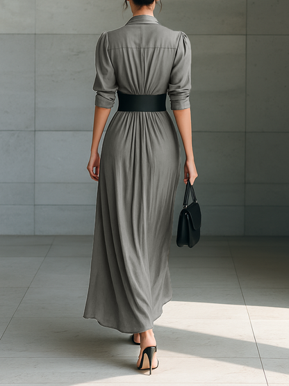 EMILIANA | Vestido Largo de Pliegues con Cuello de Solapa