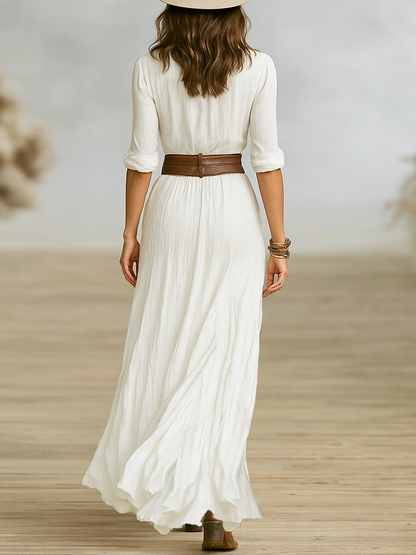ESMERALDA | Vestido Largo Plisado de Mezcla de Algodón y Lino con Cinturón