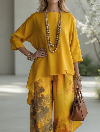 DIONISIA | Conjunto de Túnica Asimétrica y Pantalón con Estampado Botánico