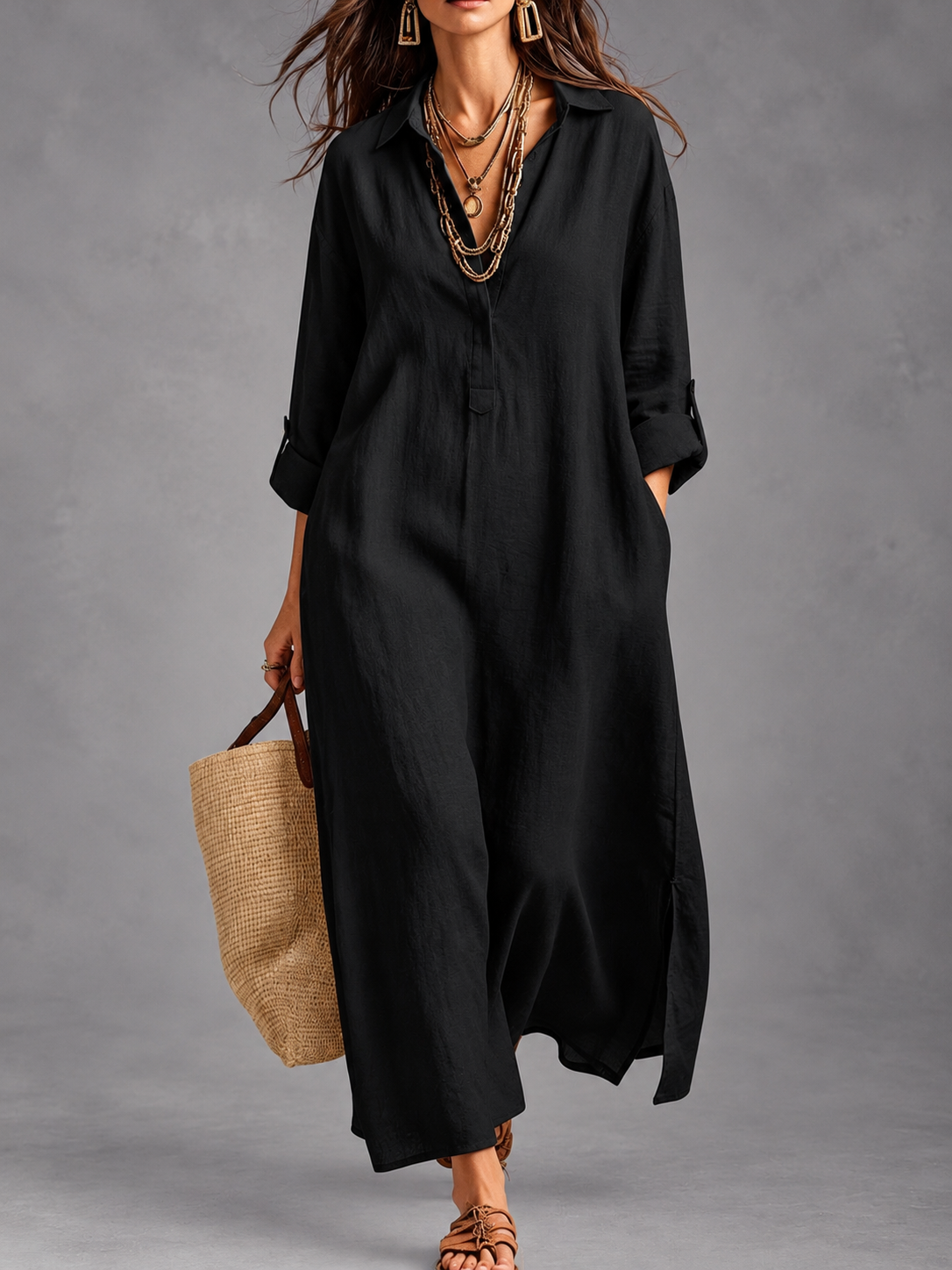 TERESITA | Vestido Camisero Largo con Escote en V y Bolsillos