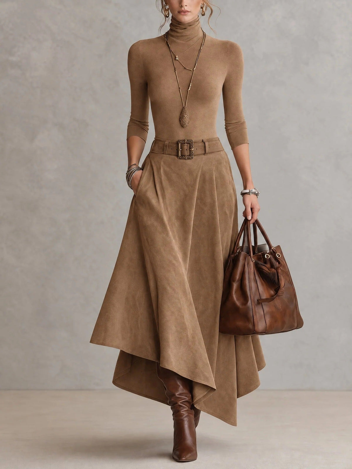 FERMINA | Conjunto de Top de Cuello Vuelto y Falda Midi Asimétrica con Cinturón
