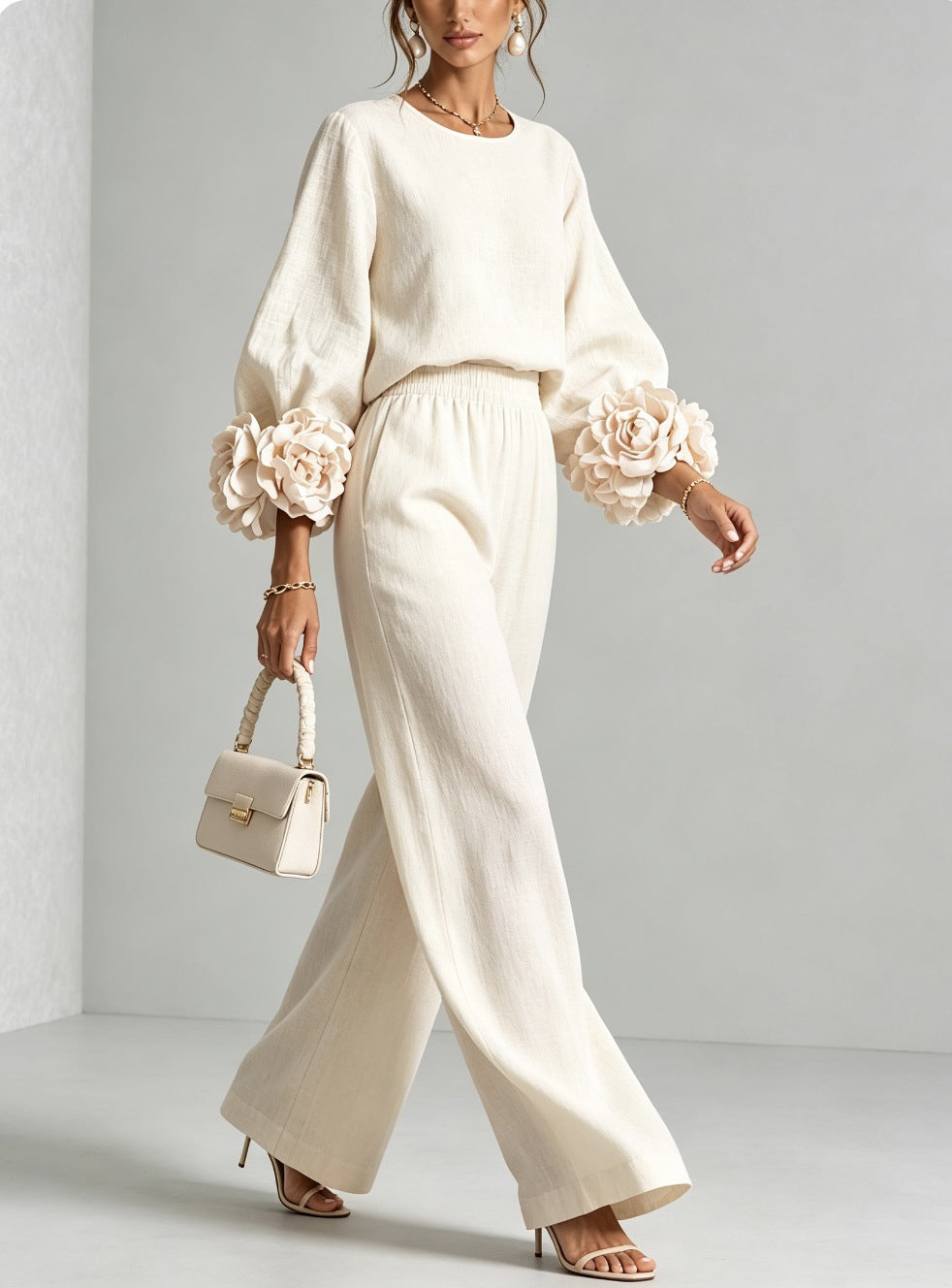 GLORIA | Conjunto de Top con Puños Florales y Pantalón Palazzo