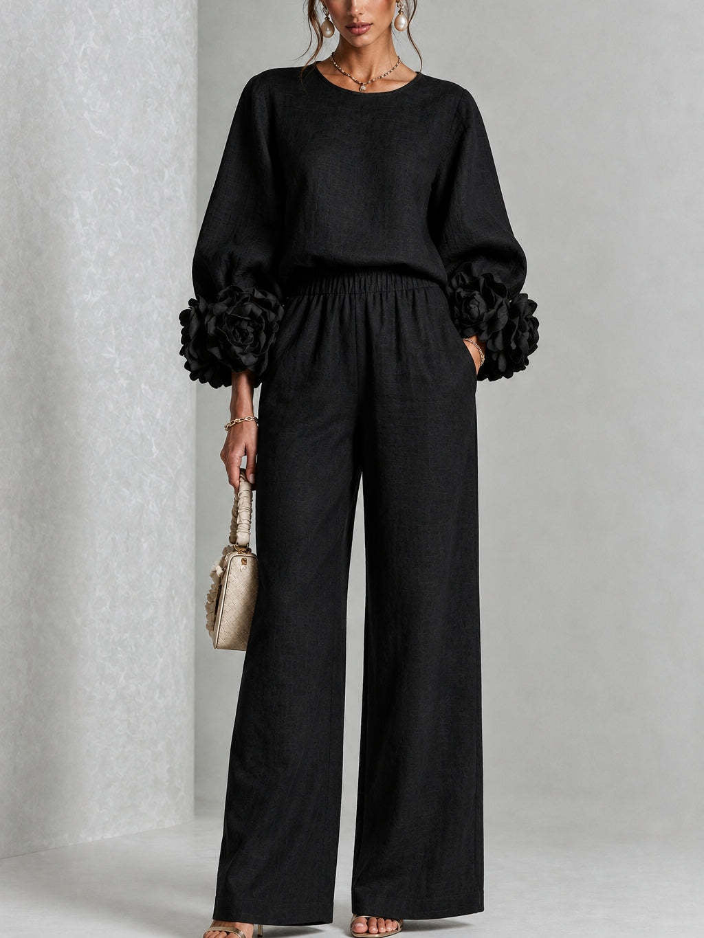 GLORIA | Conjunto de Top con Puños Florales y Pantalón Palazzo