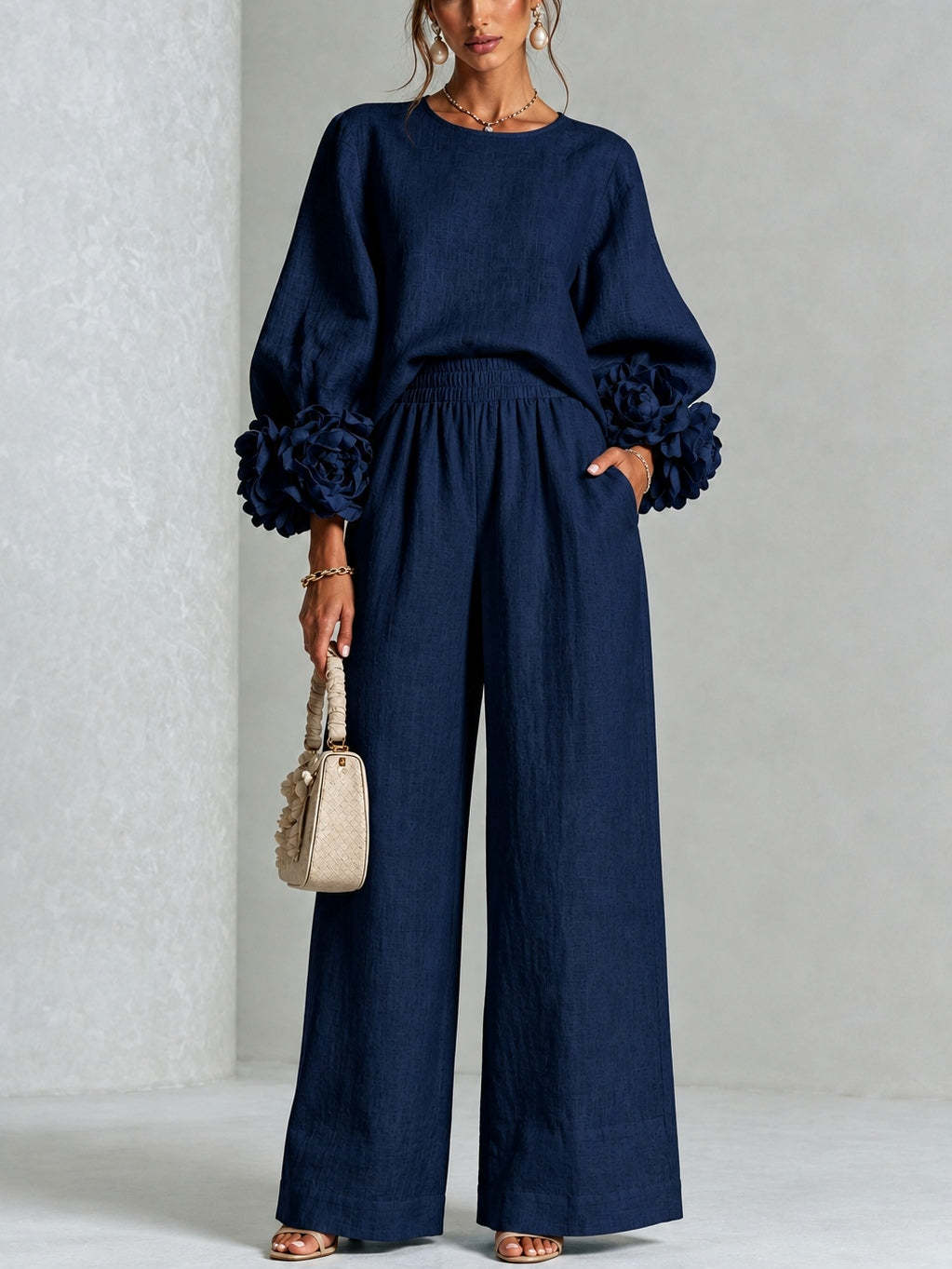 GLORIA | Conjunto de Top con Puños Florales y Pantalón Palazzo