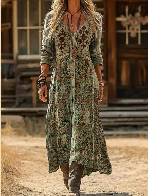AURORA | Vestido Largo Vintage Verde Oliva con Estampado Botánico y Botones