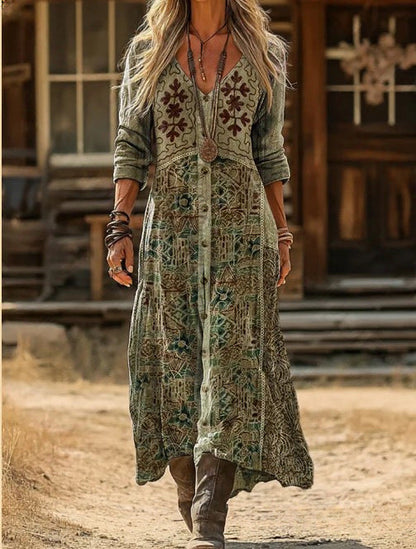 AURORA | Vestido Largo Vintage Verde Oliva con Estampado Botánico y Botones
