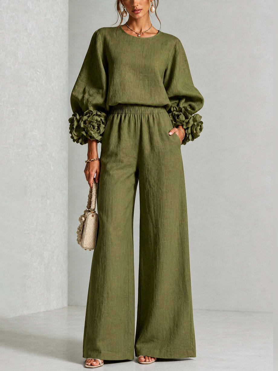 GLORIA | Conjunto de Top con Puños Florales y Pantalón Palazzo