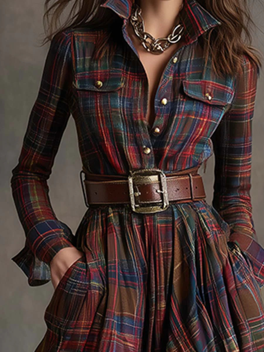 ENCARNA | Vestido Largo de Cuadros con Cuello y Cinturón