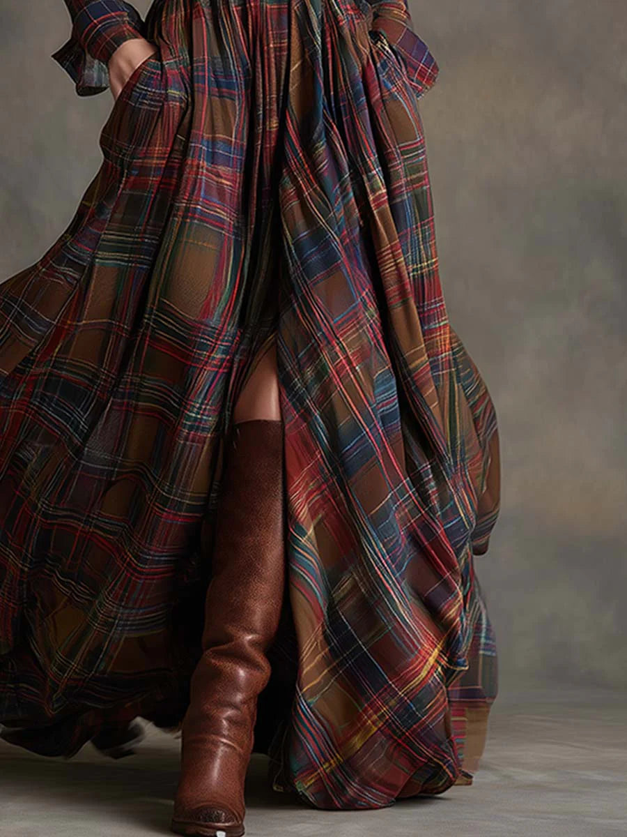 ENCARNA | Vestido Largo de Cuadros con Cuello y Cinturón