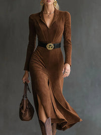 DIANA | Vestido Midi de Antelina con Cuello y Abertura