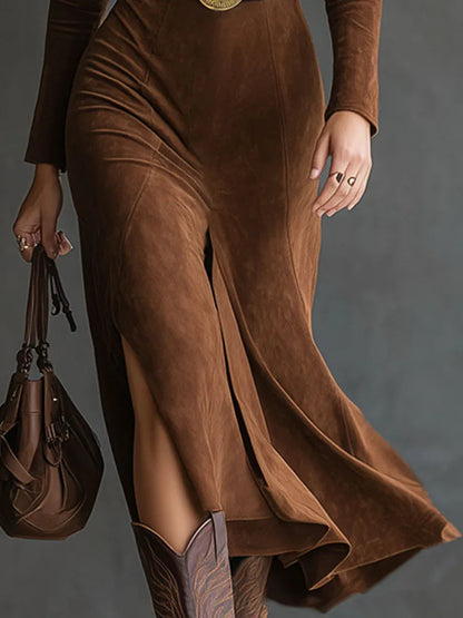 DIANA | Vestido Midi de Antelina con Cuello y Abertura