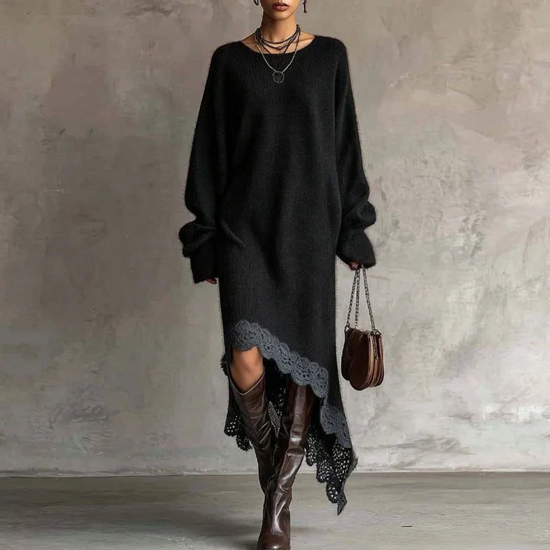 ROMANA | Vestido Largo de Punto con Mangas Abullonadas y Bajo Asimétrico de Encaje
