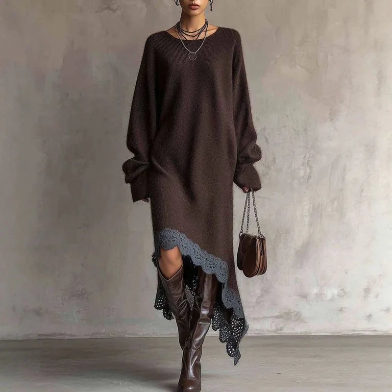 ROMANA | Vestido Largo de Punto con Mangas Abullonadas y Bajo Asimétrico de Encaje