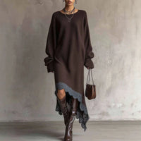 ROMANA | Vestido Largo de Punto con Mangas Abullonadas y Bajo Asimétrico de Encaje