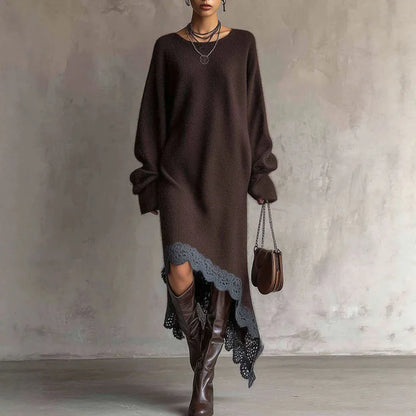 ROMANA | Vestido Largo de Punto con Mangas Abullonadas y Bajo Asimétrico de Encaje