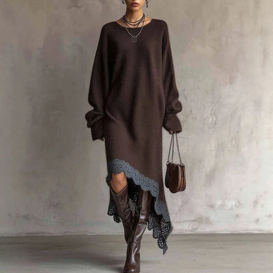 ROMANA | Vestido Largo de Punto con Mangas Abullonadas y Bajo Asimétrico de Encaje
