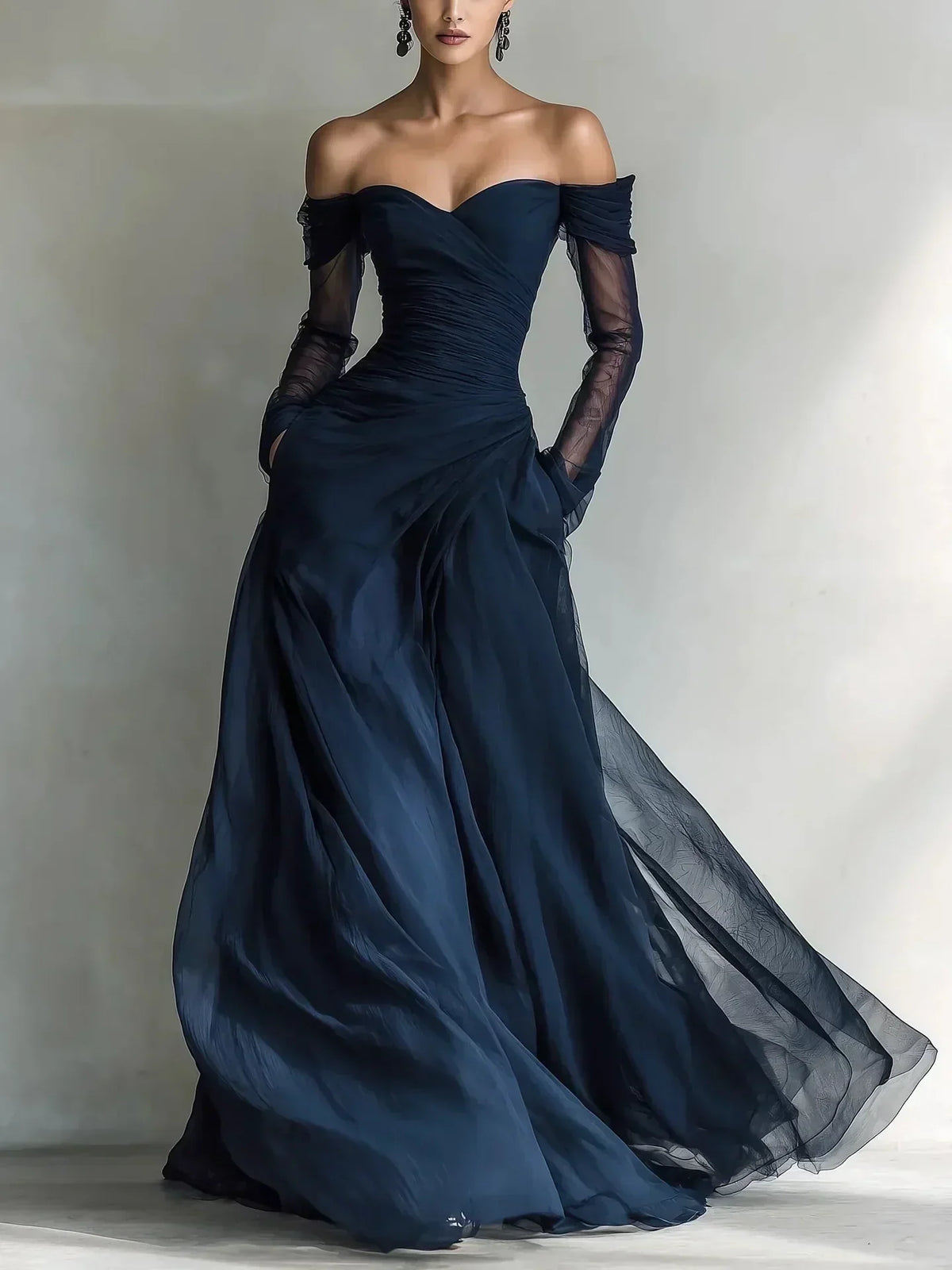 CELESTE | Vestido Largo de Hombros Descubiertos de Tul Azul Noche