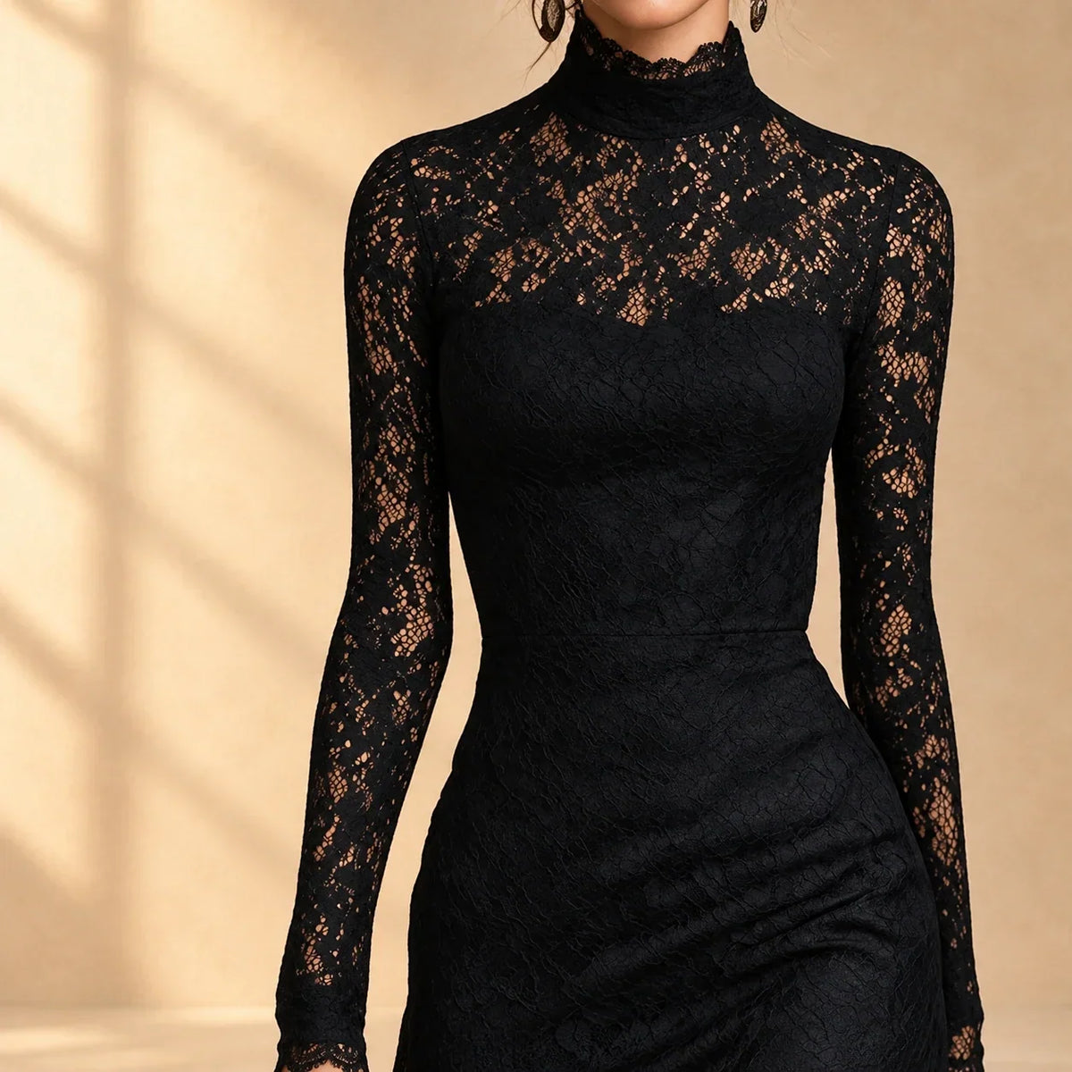 AMAYA | Vestido Midi de Encaje Negro con Cuello Alto y Bajo Sirena