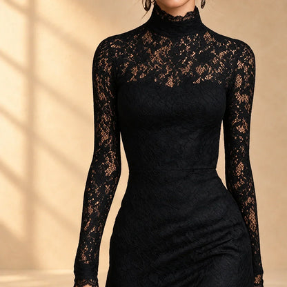 AMAYA | Vestido Midi de Encaje Negro con Cuello Alto y Bajo Sirena