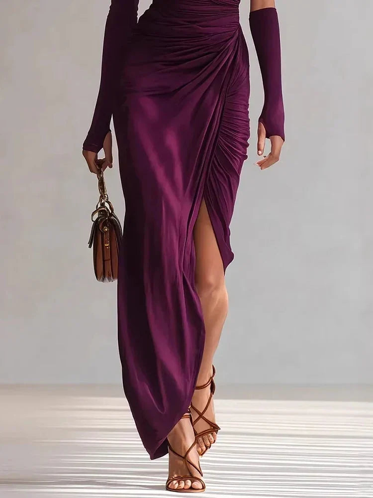 ENEDINA | Vestido Largo Asimétrico Drapeado con Manga Larga